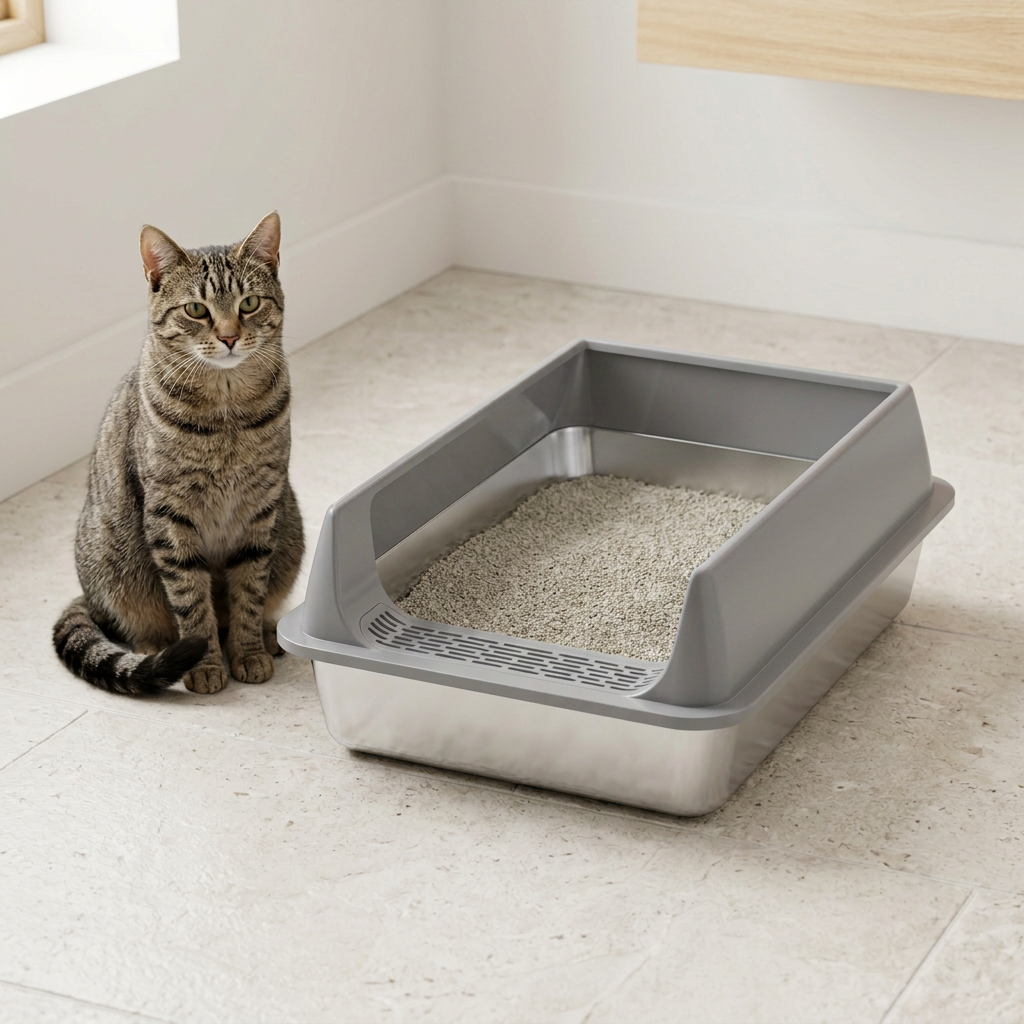 Bac à litière pour chat en Acier Inoxydable à Parois Hautes Anti-Fuite