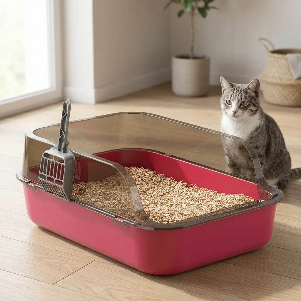 Bac à litière pour chat Semi-Fermé Anti-Éclaboussures à Bords Hauts