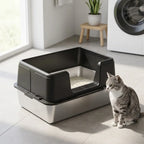 Bac à litière pour chat XL en Acier Inoxydable avec Couvercle 60x40cm