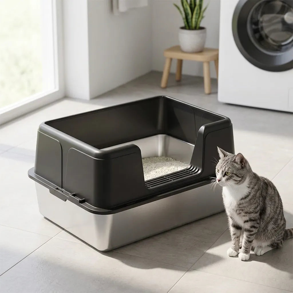 Bac à litière pour chat XL en Acier Inoxydable avec Couvercle 60x40cm